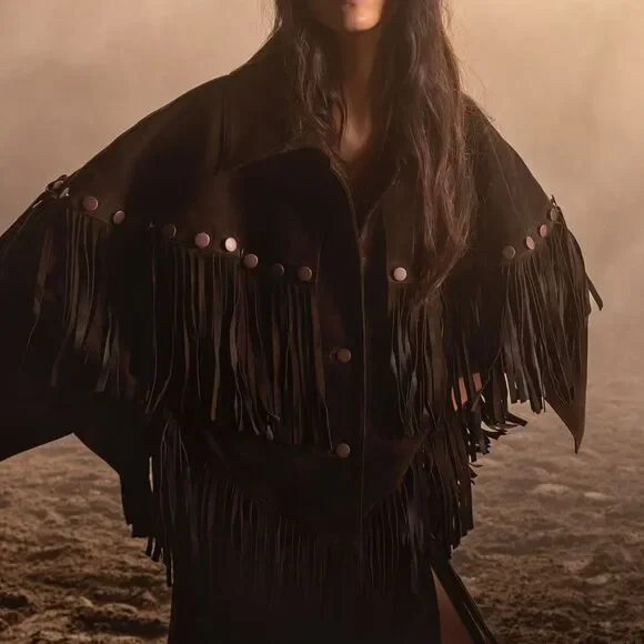 Lorena Saravia H&M Fringed Suede Cape Jacket ONE SIZE - Picture 13 of 15